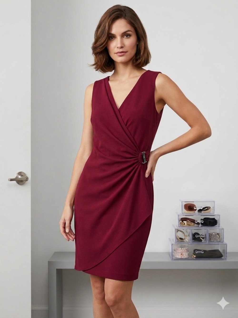 Side-Ruched Scuba-Crepe Sleeveless V-Neck Knee Length Dress